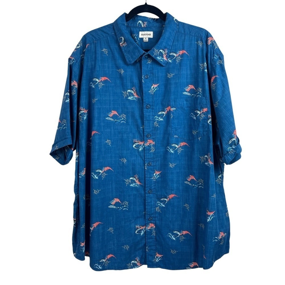 Haggar Mens Short Sleeve Shirt American Flag Swordfish 3X